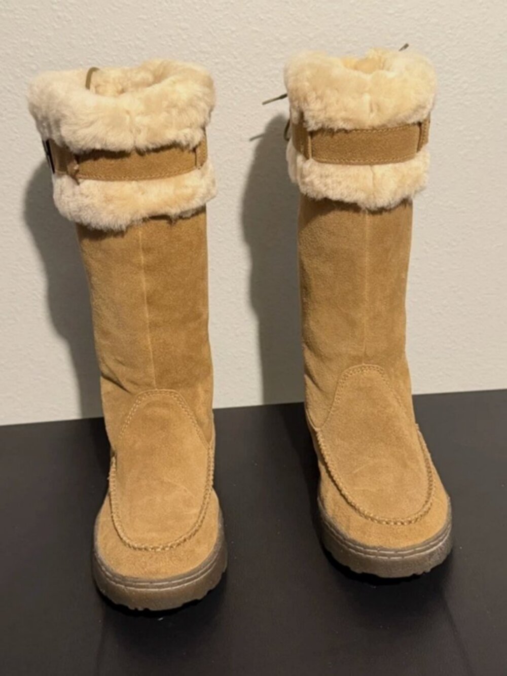 BEARPAW Womens Suede Knee High Boots Size 9 Brown Lace Up Faux Fur Snow Winter